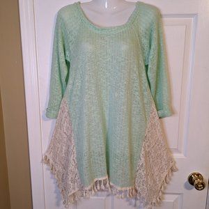 Umgee Mint Green Sweater Lace Tassel 3/4 Sleeves Lower Sides Dress - size S